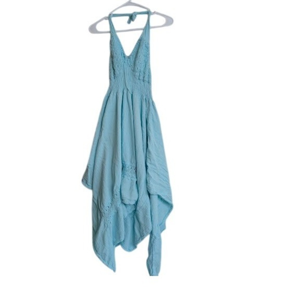 Women Halter Smocked Fairy Dress Small Blue Boho Summer Beach Festival Babydoll